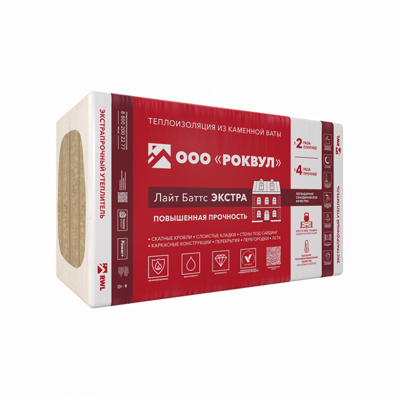 Утеплитель Роквул Лайт Баттс Экстра 45кг/м3 1000х600х50 0,24м3 4,8м2 8плит/уп (24уп/пал, 13пал/маш)